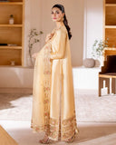Side view of beige luxury pret suit with floral embroidered dupatta, Zarminay collection