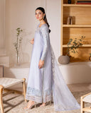 Side view of light blue luxury pret suit with embroidered hem, Zarminay collection