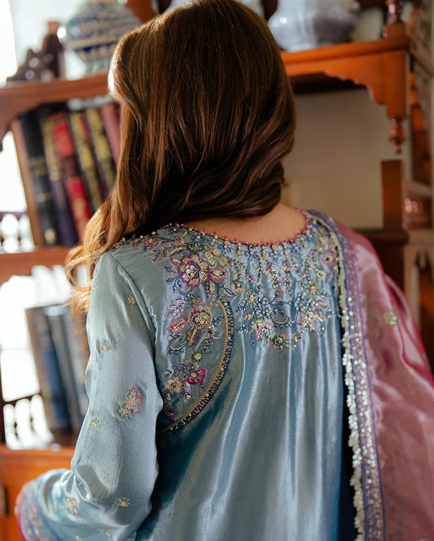 Woman wearing blue satin zari suit, close-up back view showing embellished neckline