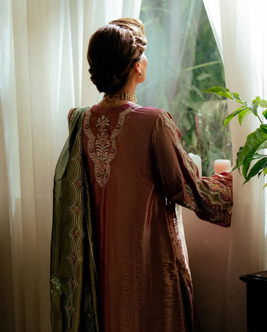 Seema — Sunehri light pink embroidered satin zari suit with zari tissue dupatta