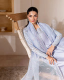 Seated styled shot of light blue luxury pret suit with embroidered dupatta, Zarminay collection