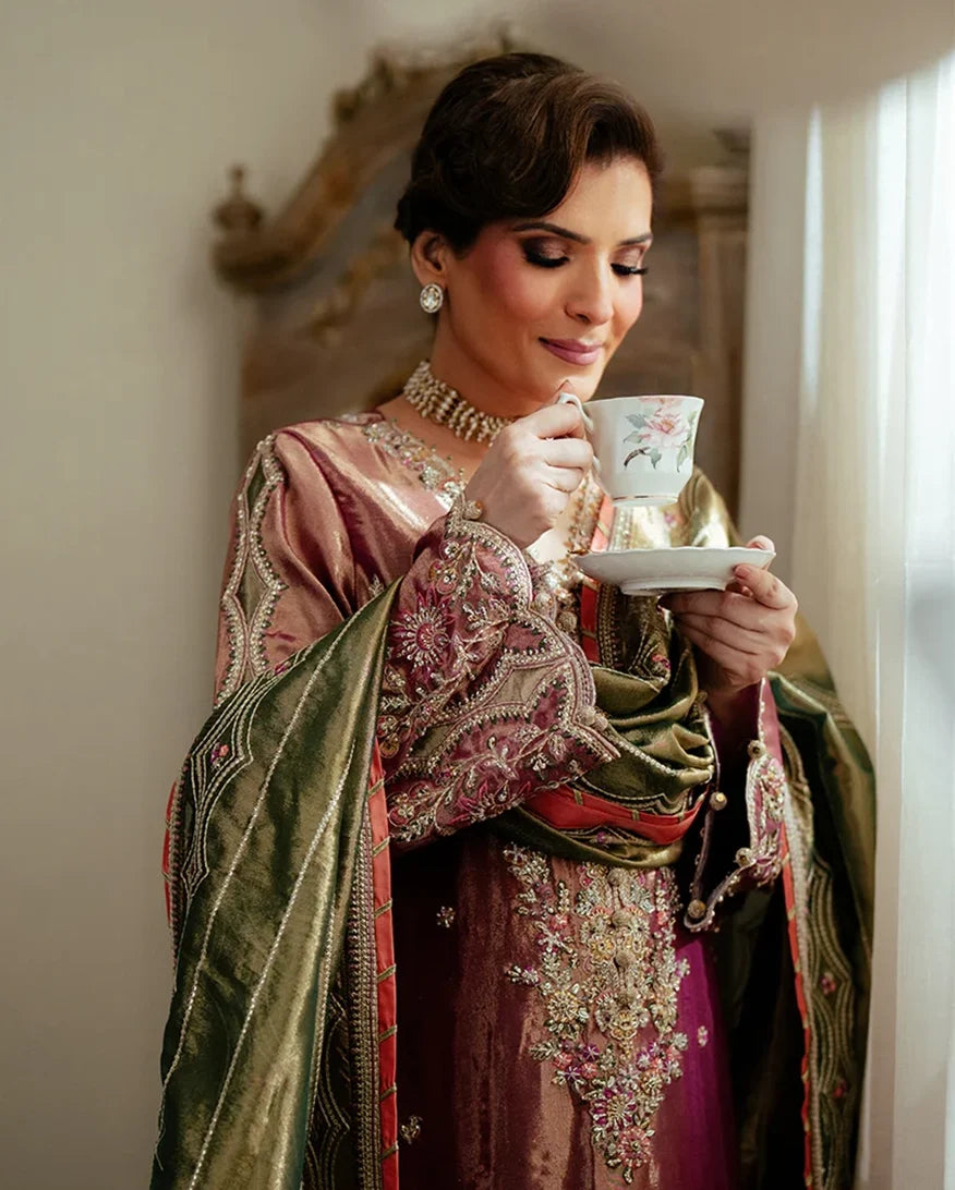 Seema — Sunehri light pink embroidered satin zari suit with zari tissue dupatta