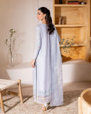 Back view of light blue luxury pret suit with embroidered dupatta, Zarminay collection