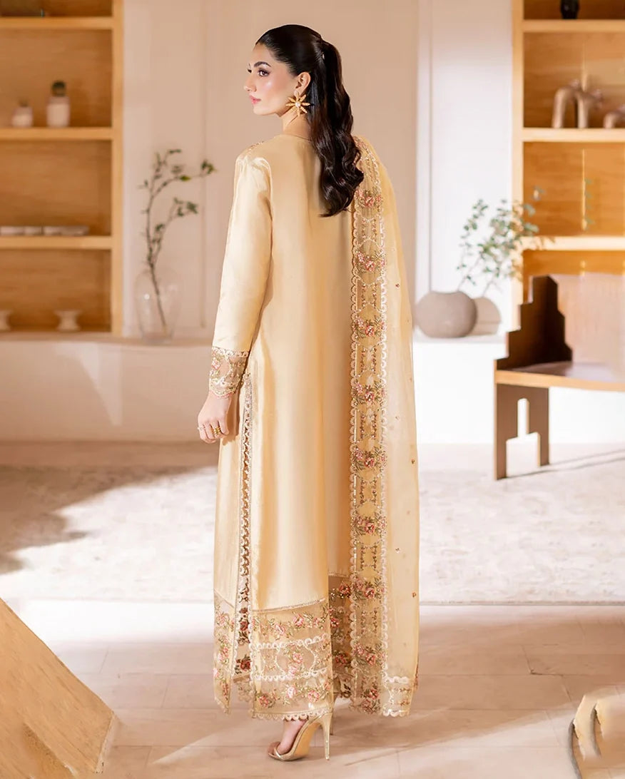 Back view of beige luxury pret suit with floral embroidered hem, Zarminay collection