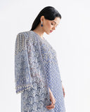 Ammarylis — Fleur blue embroidered net suit with fringed cape jacket and China silk slip
