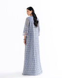 Back view of blue net suit showing fringed cape jacket and embroidered dress hem