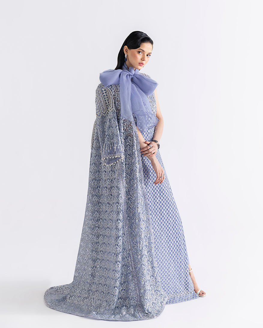 Ammarylis — Fleur blue embroidered net suit with fringed cape jacket and China silk slip