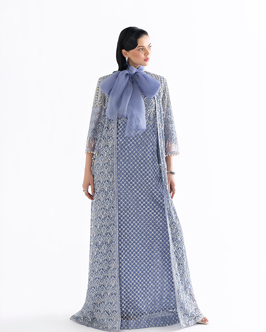 Ammarylis — Fleur blue embroidered net suit with fringed cape jacket and China silk slip