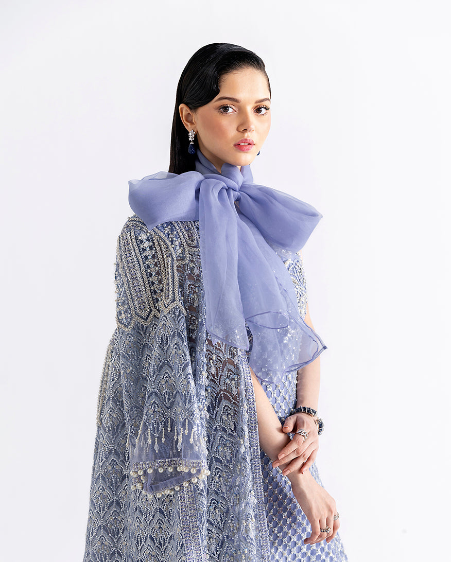 Ammarylis — Fleur blue embroidered net suit with fringed cape jacket and China silk slip