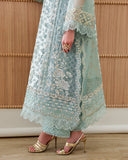Aqua Green Organza pret hemline with beaded embroidery, gold heels, luxury dresses, Espoir by Mushq