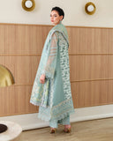 Woman wearing Aqua Green Organza pret suit, back view with embroidered dupatta drape, Espoir by Mushq