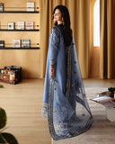 Side view of blue luxury pret suit with embroidered border, Zarminay collection