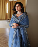 Front styled view of blue luxury pret suit with embroidered dupatta, Zarminay collection