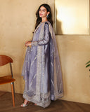 Side view of lavender-gray luxury pret suit with embroidered dupatta draped, Zarminay collection