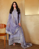 Full-length front view of lavender-gray luxury pret suit with embroidered border, Zarminay collection