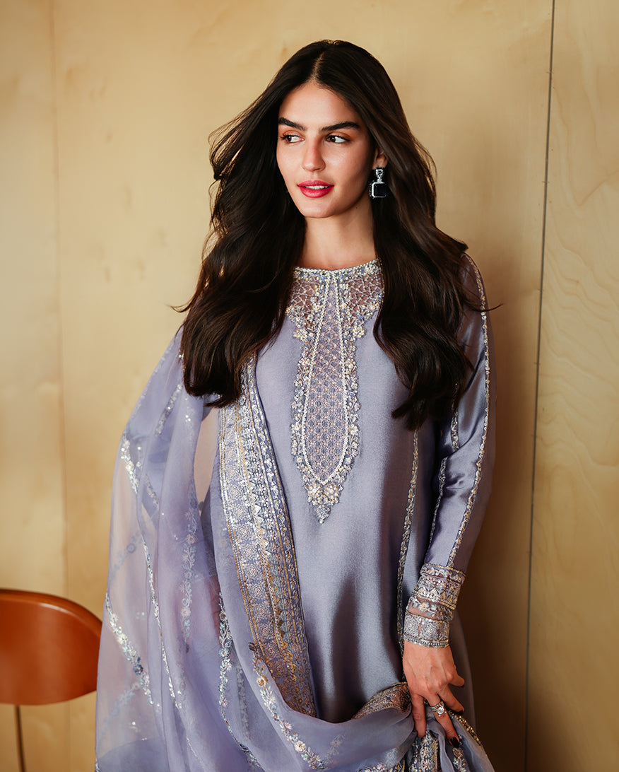 Close-up of embroidered neckline on lavender-gray luxury pret suit, Zarminay collection