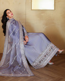 Styled shot of lavender-gray luxury pret suit with embroidered hemline, Zarminay collection