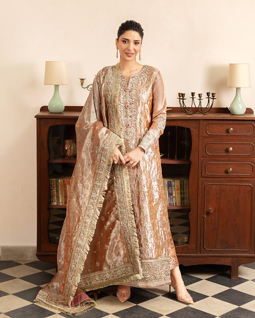 Bakht — Sunehri orange lama silk suit with gold tilla beadwork and zari tissue dupatta