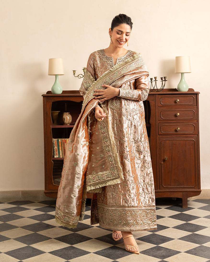 Bakht — Sunehri orange lama silk suit with gold tilla beadwork and zari tissue dupatta