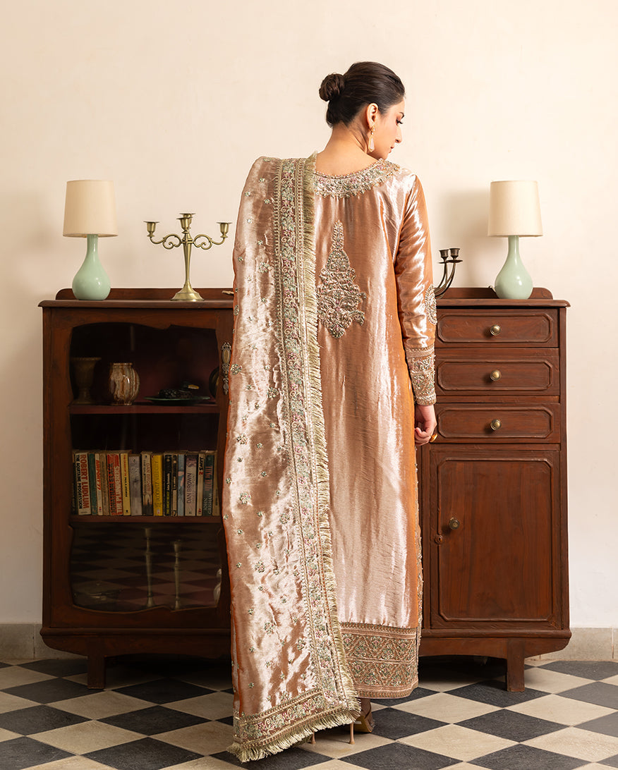 Bakht — Sunehri orange lama silk suit with gold tilla beadwork and zari tissue dupatta