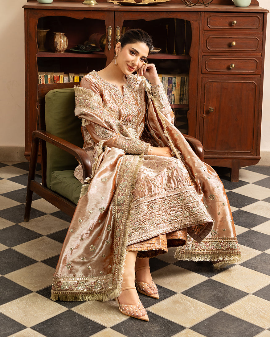 Bakht — Sunehri orange lama silk suit with gold tilla beadwork and zari tissue dupatta