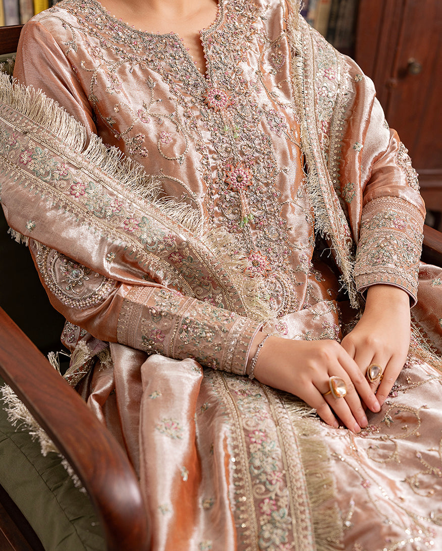 Bakht — Sunehri orange lama silk suit with gold tilla beadwork and zari tissue dupatta