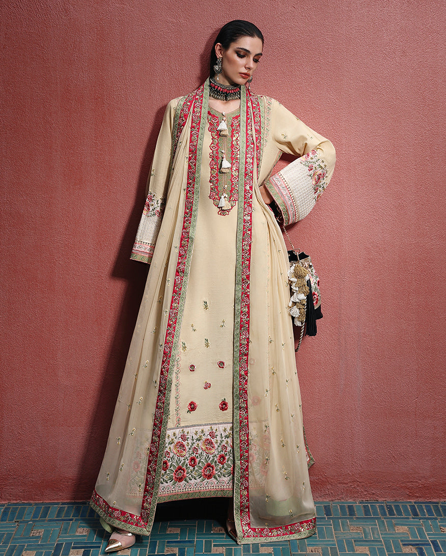 Cardinal Gem — Nuvera off white raw silk dress with double-border embroidered dupatta