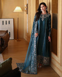 Full-length front view of teal blue luxury pret suit with embroidered border, Zarminay collection
