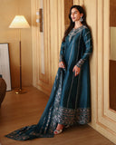 Side view of teal blue luxury pret suit with embroidered hem, Zarminay collection