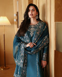 Front styled view of teal blue luxury pret suit with embroidered dupatta, Zarminay collection