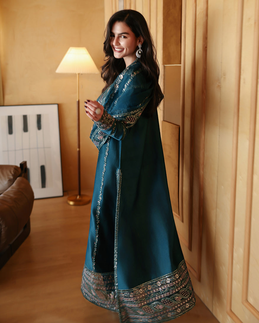 Side angle of teal blue luxury pret suit with embroidered sleeves, Zarminay collection