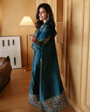 Side angle of teal blue luxury pret suit with embroidered sleeves, Zarminay collection
