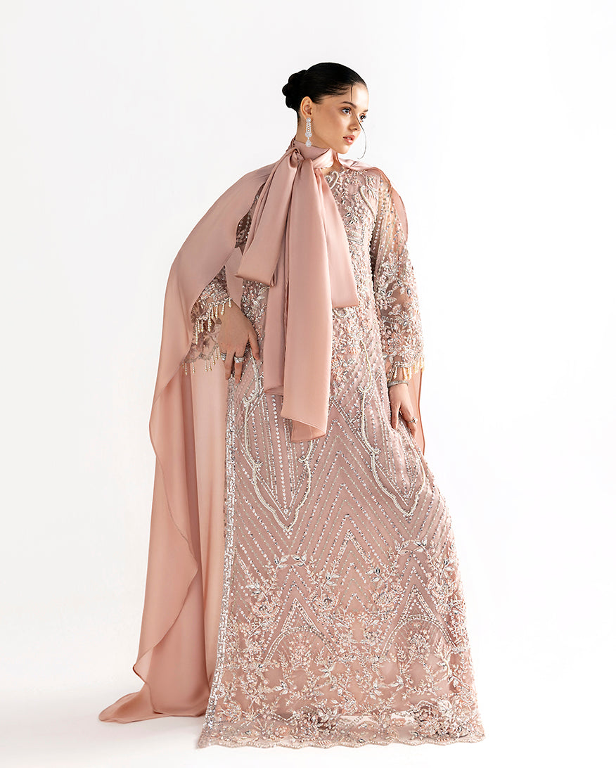 Daphne — Fleur peach embroidered net kaftan with fringed bell sleeves and organza dupatta
