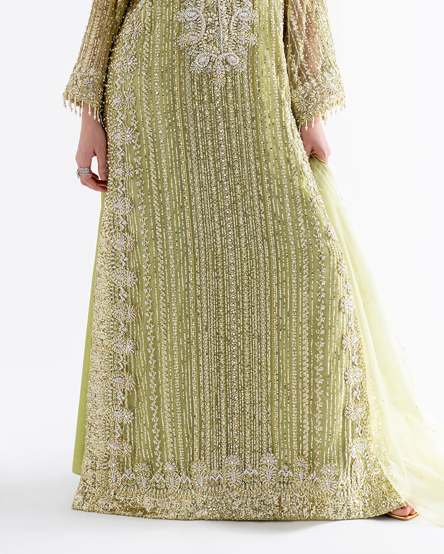 Close-up of lime green net kaftan bodice with sheer organza dupatta draped in front