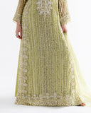 Close-up of lime green net kaftan bodice with sheer organza dupatta draped in front