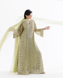 Dellaby — Fleur lime green embroidered net kaftan with fringed bell sleeves and organza dupatta