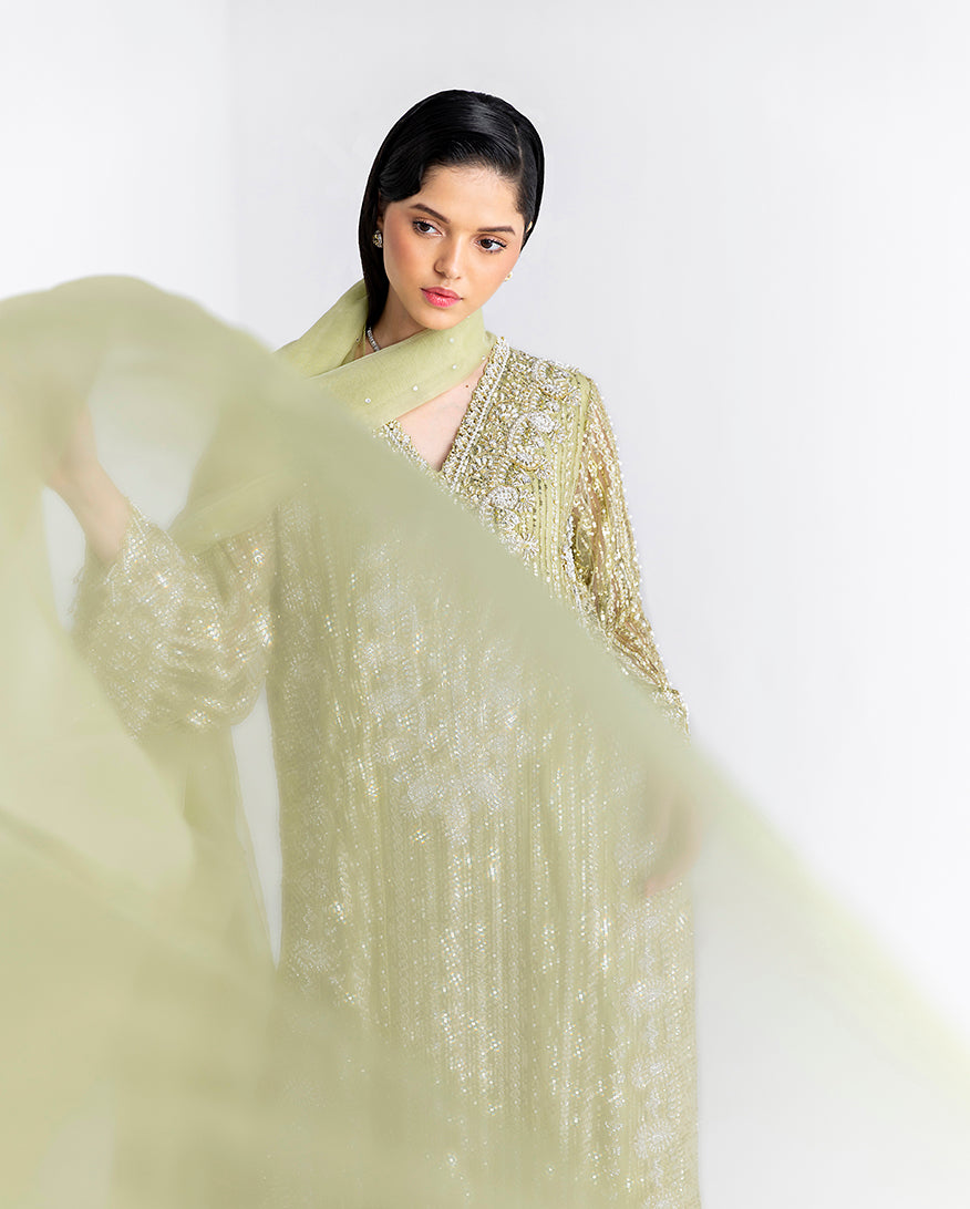 Close-up of lime green net kaftan bodice with sheer organza dupatta draped in front