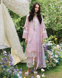 Woman standing in full-length view wearing light pink unstitched lawn suit with lace hem, Secret Garden collection