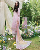 Side view of embroidered lawn unstitched suit in light pink with lace hem, Secret Garden collection