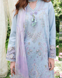 Detail shot of floral embroidery on unstitched lawn collection suit, sky blue, Secret Garden