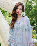 Close-up of neckline embroidery on sky blue unstitched lawn suit, Secret Garden collection