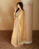 Side view of golden yellow luxury pret suit with embroidered dupatta, Zarminay collection