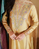 Close-up of neckline and cuff embroidery on golden yellow luxury pret suit, Zarminay collection