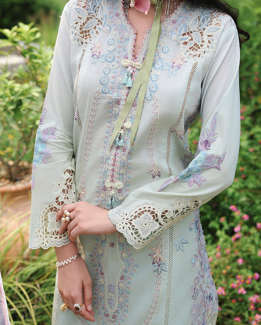 Detail shot of lace embroidery on mint green unstitched lawn suit, Secret Garden collection