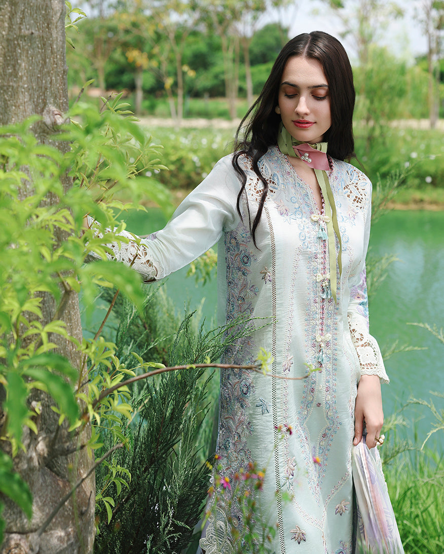 Close-up of embroidered lawn unstitched suit in mint green with floral detail, Secret Garden collection