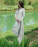 Full-length view of mint green unstitched lawn collection suit by the pond, Secret Garden collection
