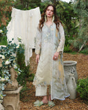 Woman wearing lemon yellow embroidered lawn suit with lace detailing and printed dupatta, Secret Garden collection