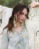 Woman wearing lemon yellow embroidered lawn collection top holding cream lace shawl, Secret Garden collection