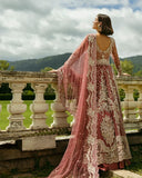 Woman in Tea Pink Net bridal wear, back view with embroidered dupatta drape