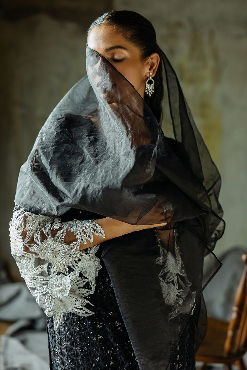 Close-up portrait wrapped in a sheer organza veil over a Black embroidered Net suit